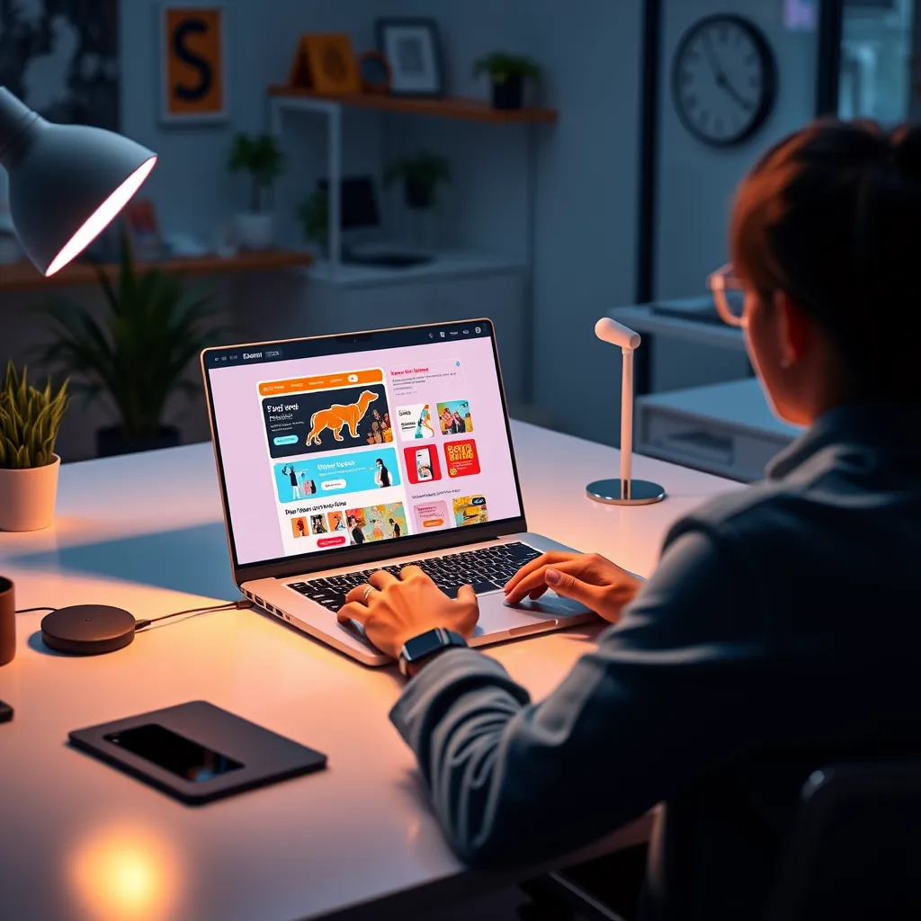 A vibrant scene showcasing a person sitting at a modern desk with a laptop open, displaying a colorful email design. The screen should show animated CTA buttons, images, and GIFs in a visually appealing layout, surrounded by engaging office decor.
