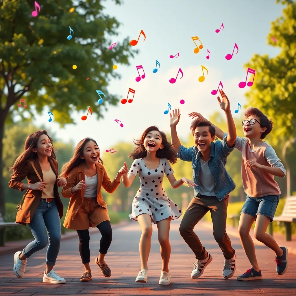A vibrant scene where an animated photo of friends laughing and dancing springs to life in a park setting. The characters express joy through movement, while colorful musical notes float around them, creating an uplifting atmosphere.