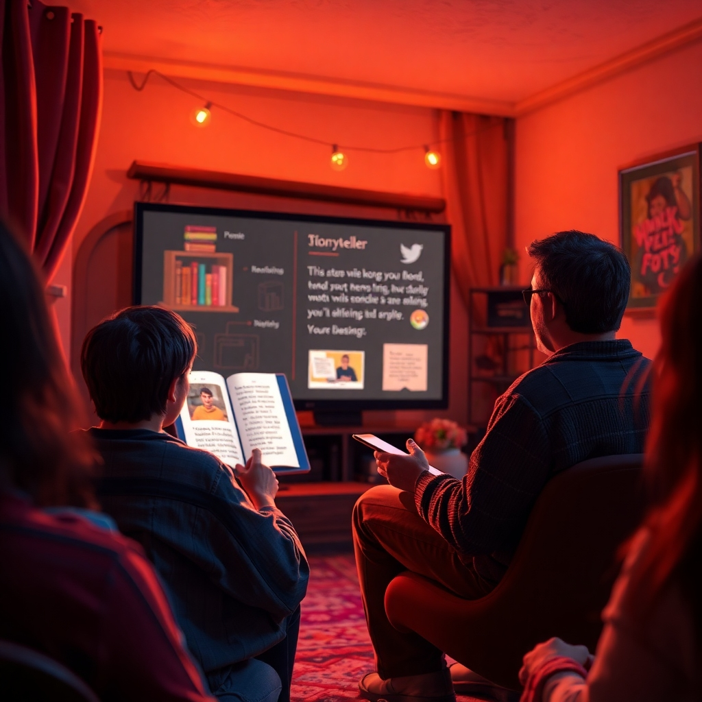 A vibrant setting depicting a storyteller in a cozy nook, animatedly presenting content to an engaged audience via an envisioned interactive screen powered by Writix AI. Soft lighting creates a warm vibe, with the color palette rich in deep hues. The camera angle captures the story being shared, immersing viewers in an engaging experience, with texture details like the fabric of the storyteller's clothing adding depth.