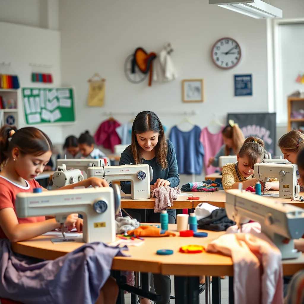 A vibrant sewing class in session with students engaged in sewing various garments. Show a teacher guiding them, colorful threads and fabrics scattered around, and a friendly, collaborative environment that encourages creativity.