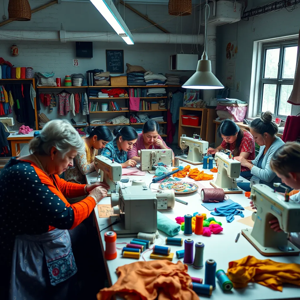 A vibrant sewing workshop with people of different ages engaged in various sewing projects, colorful threads and fabrics scattered around, a tutor teaching a group at a large table, creating an atmosphere of creativity and learning.