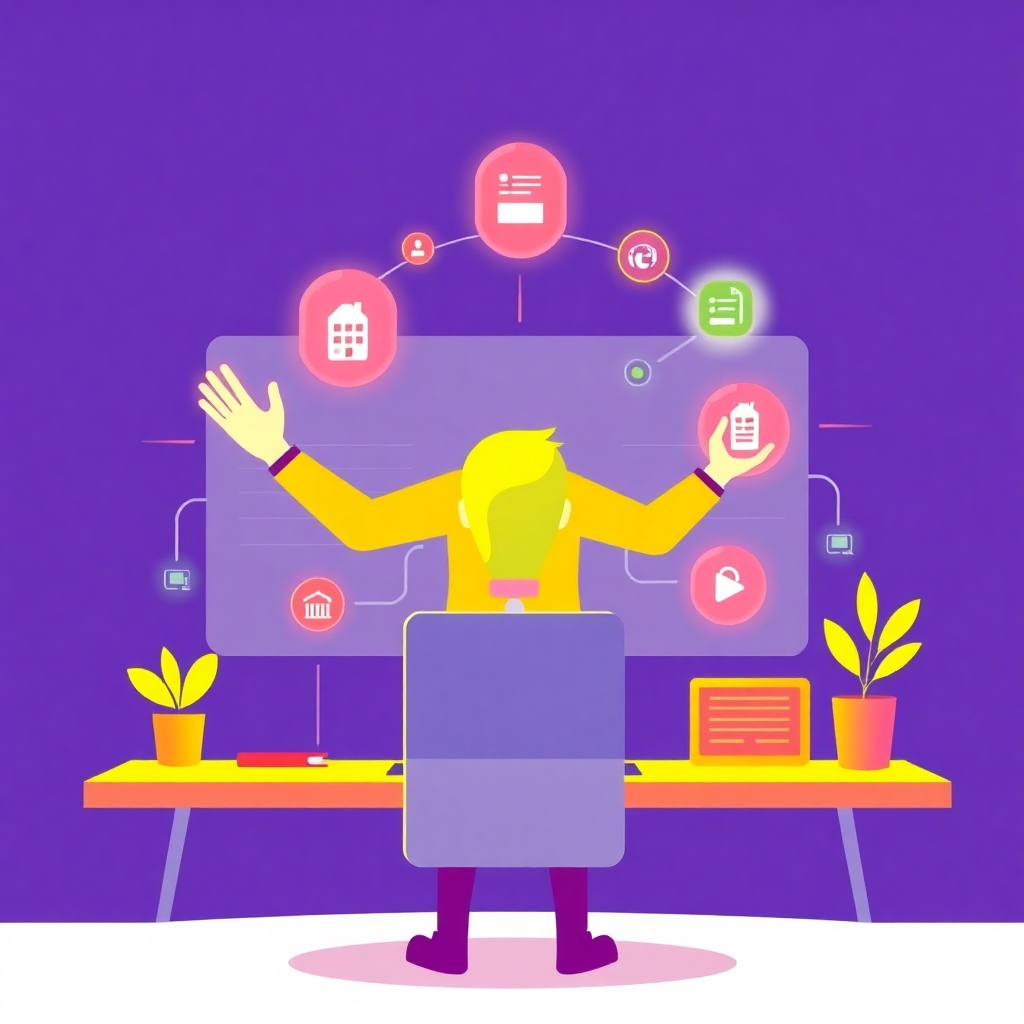 A vibrant, stylized image illustrating the power of automation in digital marketing. Show a person effortlessly managing a traffic system through an intuitive interface, with glowing icons representing ease and efficiency. Bright colors to evoke energy and innovation, with a clean layout emphasizing clarity. Capture the essence of transformation and freedom provided by automation in an engaging manner.