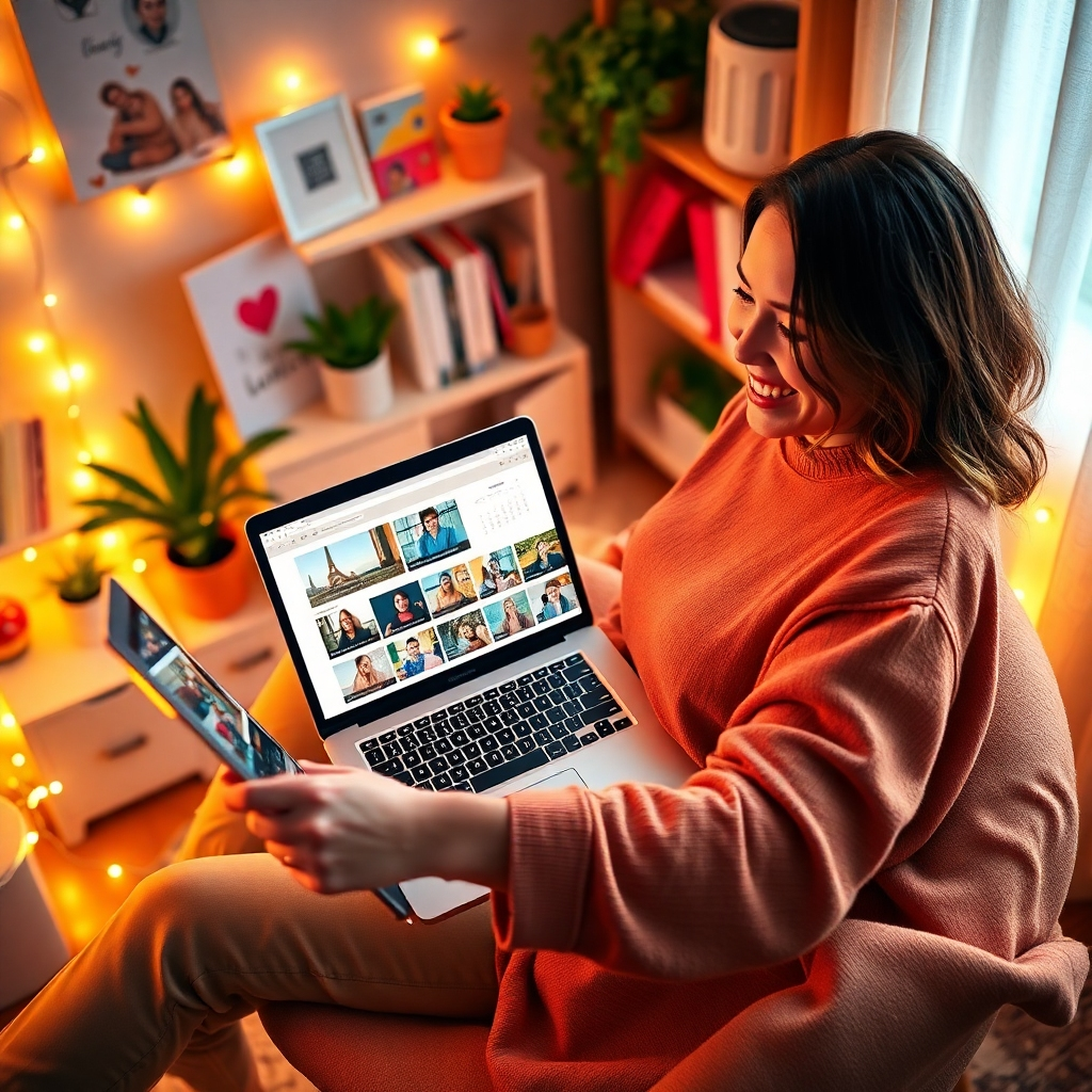 A vibrant visual of a person happily organizing and managing video content on a laptop surrounded by a trendy, organized home office. The composition includes a soft glow from fairy lights, creating a cozy ambiance. The color palette incorporates warm tones like yellows and reds for a cheerful mood. The camera angle features a bird's-eye view showcasing the laptop screen filled with thumbnail images and a calendar. Textures include sleek metal of the laptop and soft textiles of the chair. There are decorative plants and motivational books on the shelves in the background. This scene captures a sense of ease and creativity, styled as a modern lifestyle blog. The image should be photorealistic, detailed, and in 8K resolution.