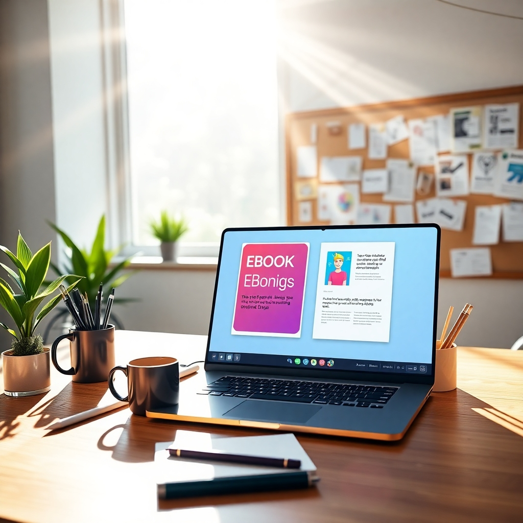 A vibrant workspace featuring a modern desk with a laptop displaying a colorful eBook design. The screen shows intuitive drag-and-drop features. Sunlight streams in from a large window, casting soft diffused lighting that creates a warm and inviting atmosphere. The desk is accessorized with sleek stationery, a coffee mug, and a potted plant. In the background, a pinboard with sketches and marketing materials, representing creativity and brainstorming. Colors are bright and engaging, conveying innovation and professionalism. The perspective is from slightly above, providing a clear view of the workspace and making the scene feel dynamic. The image should be hyperrealistic and ultra-detailed, capturing textures of paper and digital interfaces, ideally in 8K resolution.