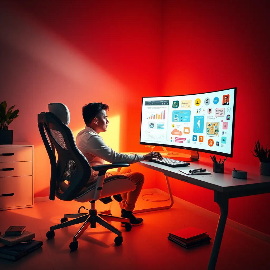 A vibrant workspace showcasing an interactive content creation environment with a user actively designing a digital book. The setting is illuminated by dramatic side lighting providing a dynamic contrast, enhancing the focus on the engaged user and the computer screen filled with colorful, interactive elements. The workspace is designed with a minimalist aesthetic, featuring a high-end ergonomic chair and a white desk with scattered creative tools like markers and sketches. The mood is energetic and inspiring, utilizing a warm color palette with splashes of bright colors. The camera angle should be at eye level, capturing the user's expression of inspiration while meticulously working on the screen. The textures of the materials involved, like the soft fabric of the chair and the smooth surface of the computer, add to the hyper-realistic quality of the image. The image should be detailed, aiming for ultra-high-definition resolution.