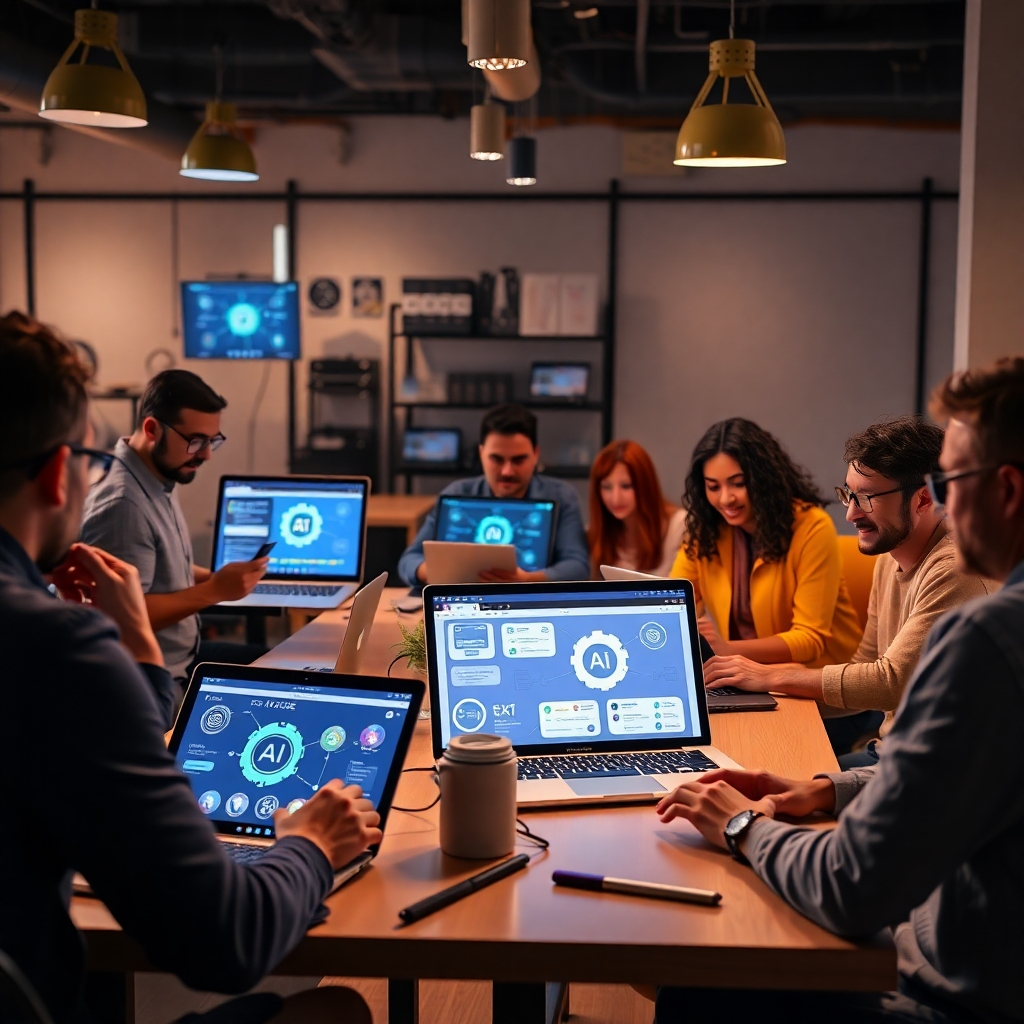 A vibrant workspace showing diverse individuals engaged with user-friendly, no-code platform interfaces on various devices like laptops and tablets, with elements of AI icons and SaaS functionalities displayed, depicting a collaborative and innovative atmosphere.