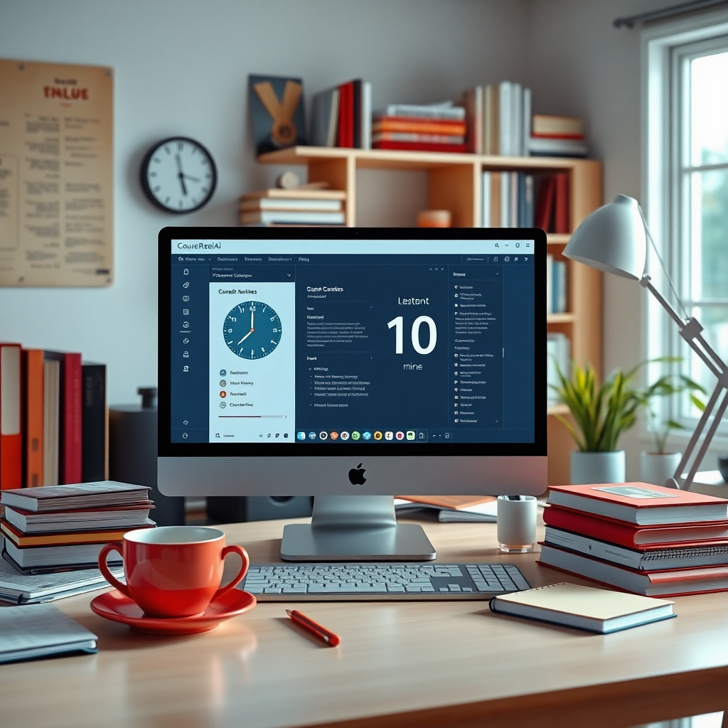 A vibrant workspace with a modern computer displaying the CourseReelAI Max interface, surrounded by books, notepads, and coffee. A clock shows 10 minutes, highlighting efficiency. The scene is bright and inviting, conveying a sense of creativity and productivity.