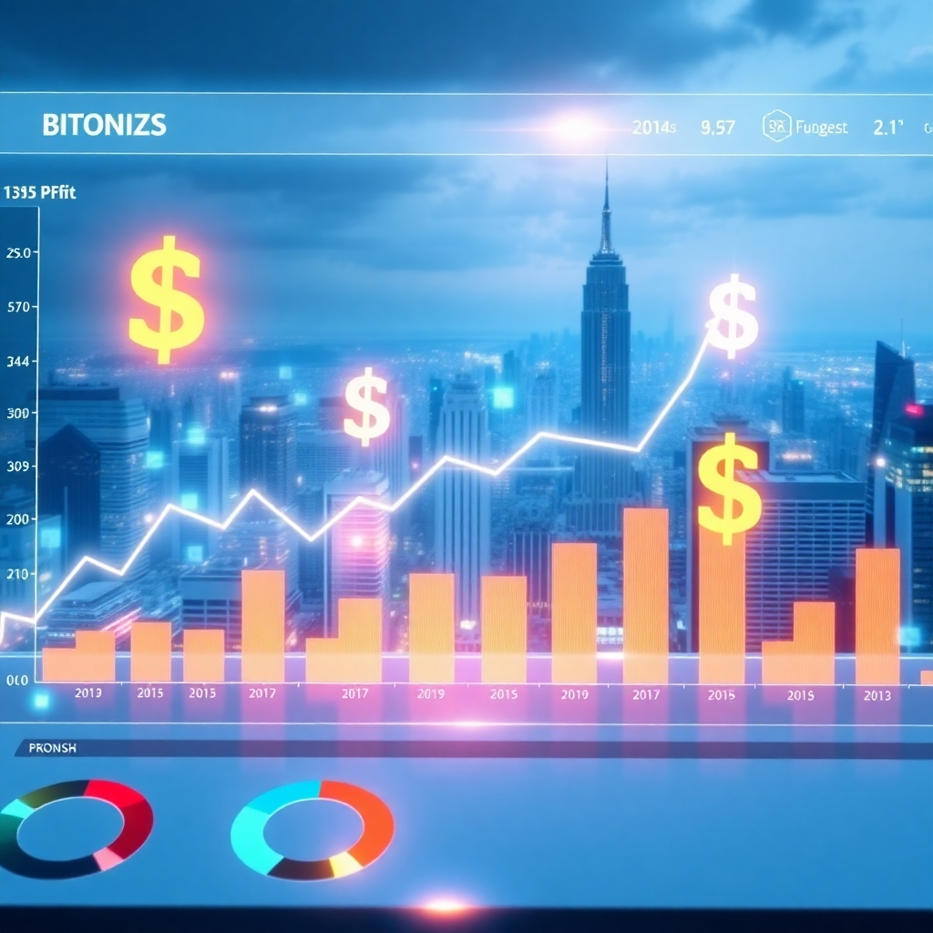 A visual representation of a digital dashboard showcasing increasing profit graphs and dollar signs. The background should feature a city skyline with high-tech overlays symbolizing opportunity and growth, emphasizing financial success.