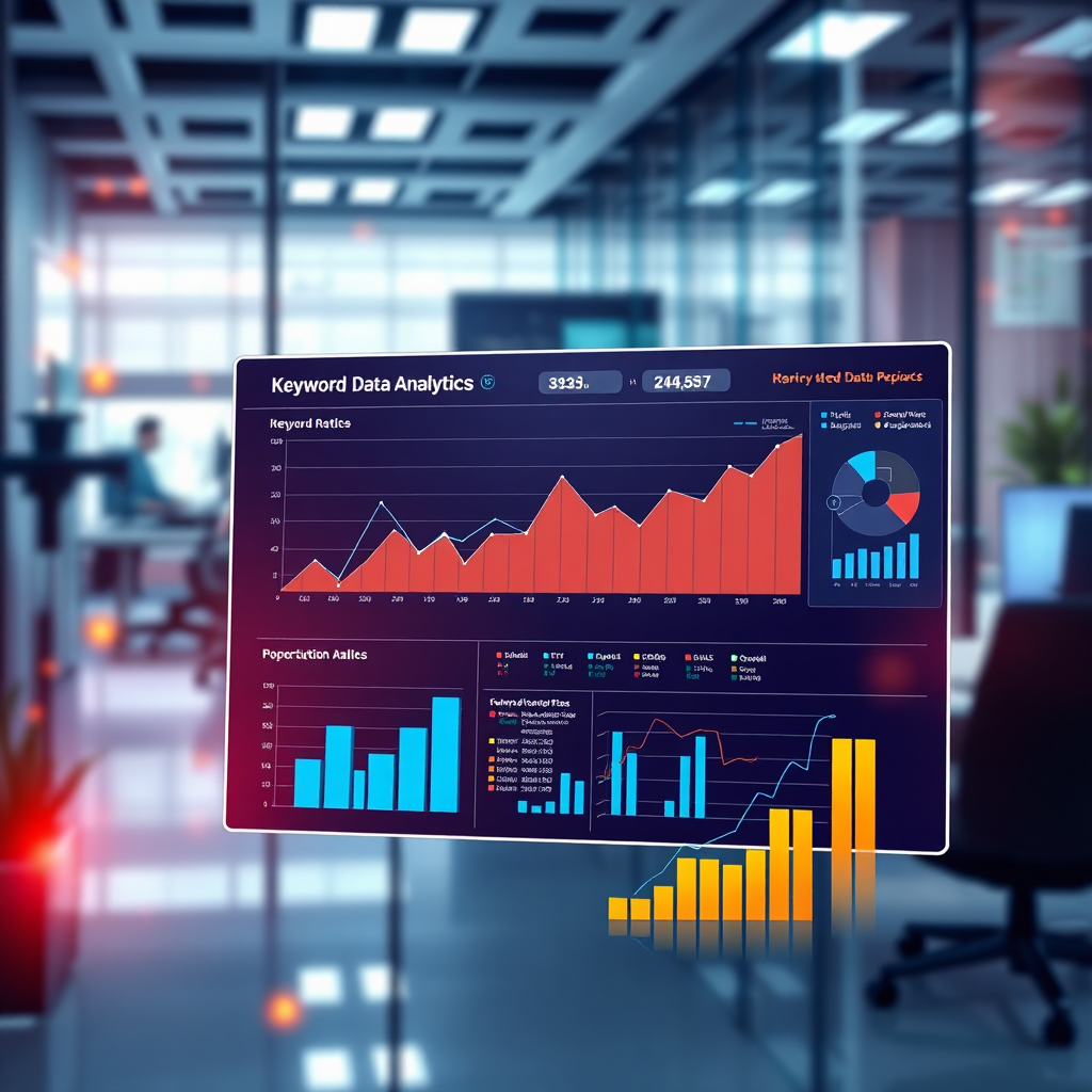 A visual representation of a keyword data analytics dashboard displaying charts and graphs that reflect growth and optimization. The background should depict a high-tech office setting infused with productivity elements. The color scheme should incorporate professional tones, signifying reliability. This image should emanate clarity and focus, designed in a high-quality format.