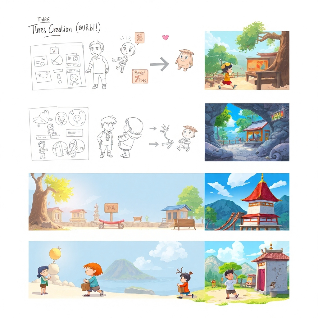 A visual representation of the creative process showing the evolution of an idea from sketches to colorful animations set in a Ghibli-inspired world. The composition blends traditional art techniques with digital innovation, using soft lighting to highlight the transition stages. The textures should evoke both the roughness of creativity and the smooth finish of animated art, capturing the essence of storytelling.