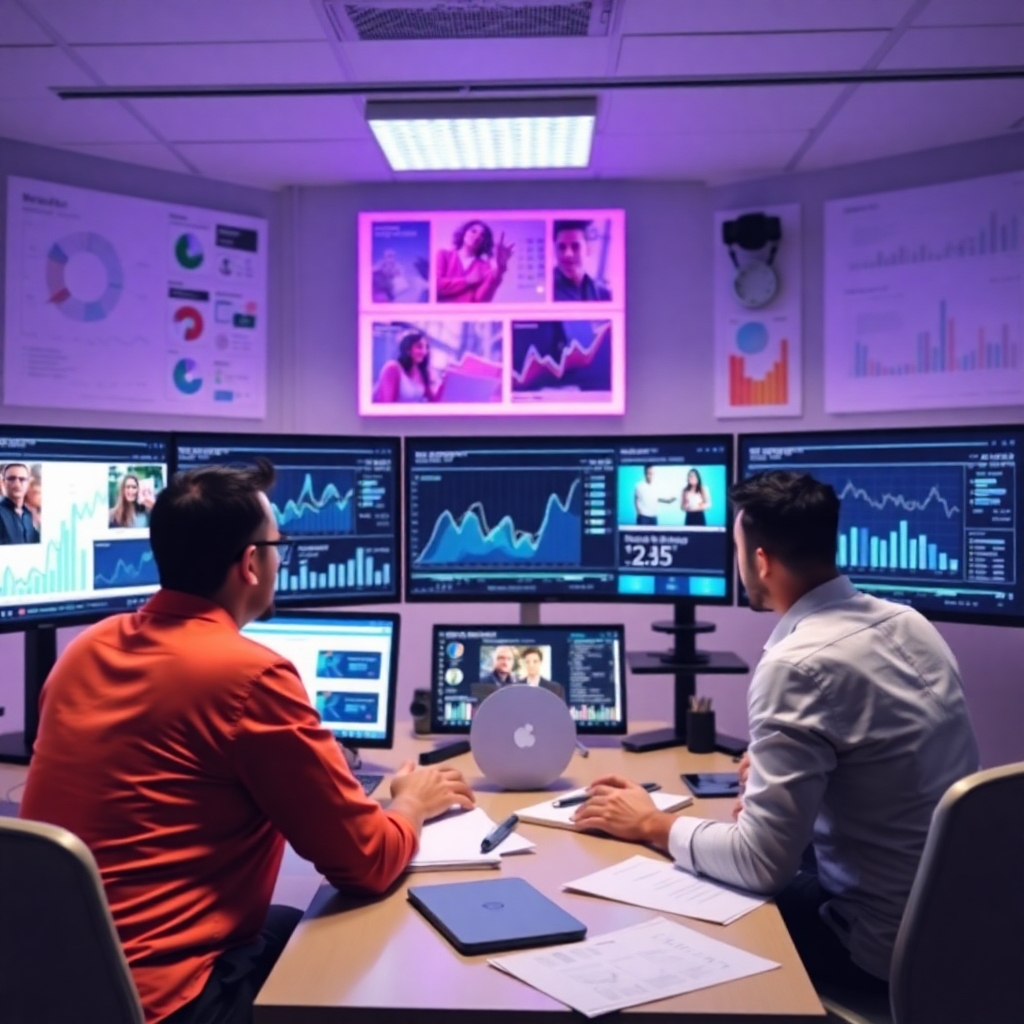 A visual showing a digital marketing team analyzing video performance on multiple screens. The atmosphere is focused and strategic, filled with charts and graphs. A well-lit room enhances the team’s engagement, symbolizing a data-driven approach to video sales.