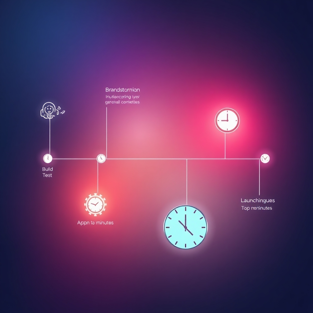 A visual timeline demonstrating the process of app creation from concept to execution within minutes. Include visual symbols for brainstorming, building, testing, and launching, with a clock icon emphasizing speed and efficiency throughout.