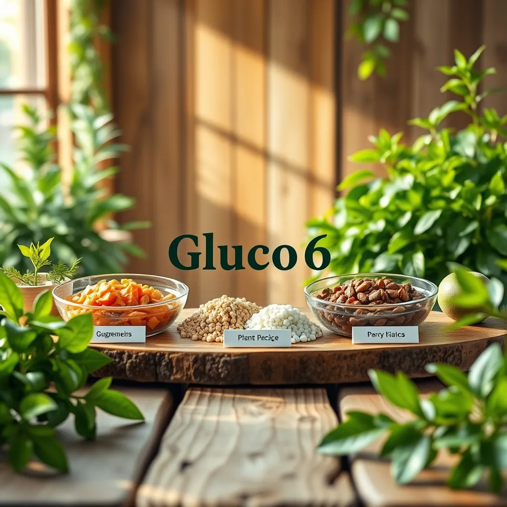 A visually appealing arrangement of the six plant-based ingredients in Gluco6, displayed on a rustic wooden table. Include labels for each ingredient, surrounded by fresh greenery, evoking a natural and healthy atmosphere, with soft sunlight filtering through.