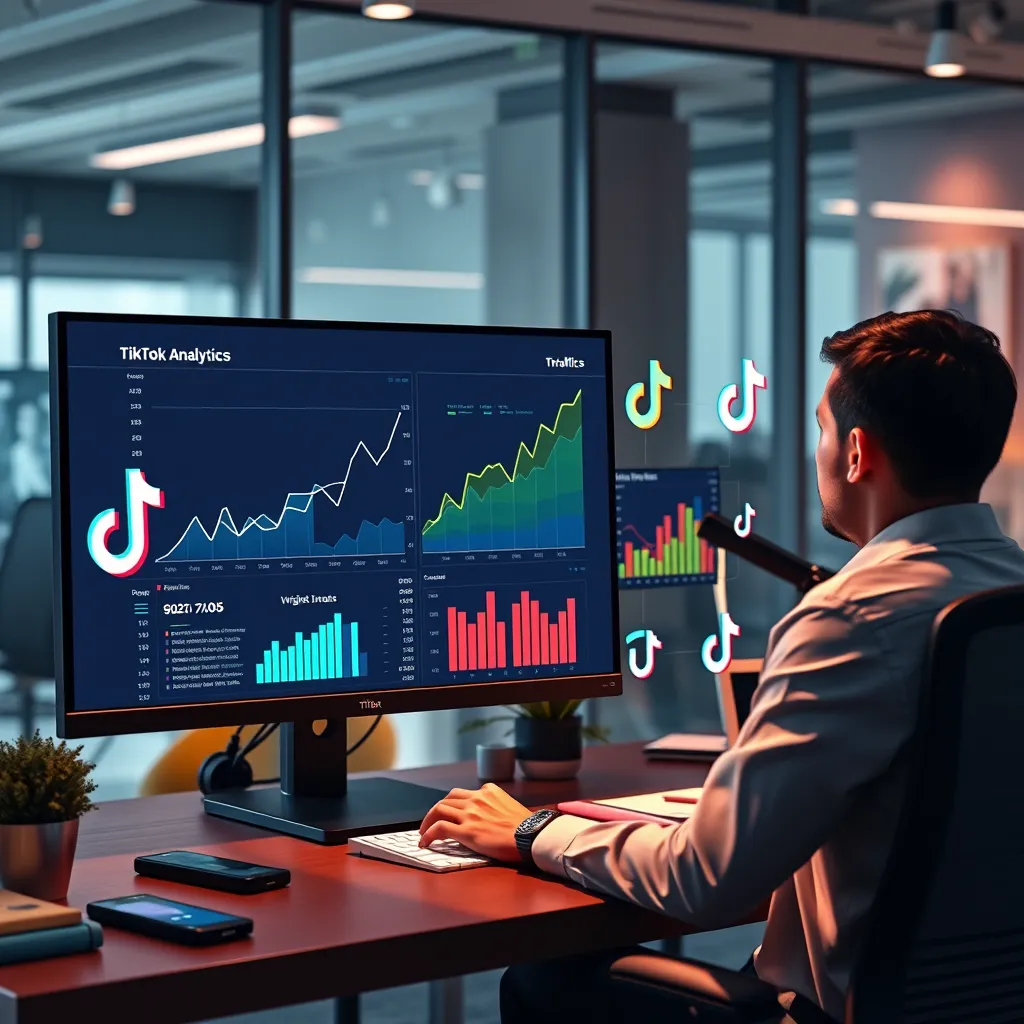 A visually appealing graphic showing a digital marketing professional analyzing TikTok analytics on a computer screen, with colorful graphs and charts representing traffic growth, surrounded by TikTok logos and marketing icons, set in a modern office environment.