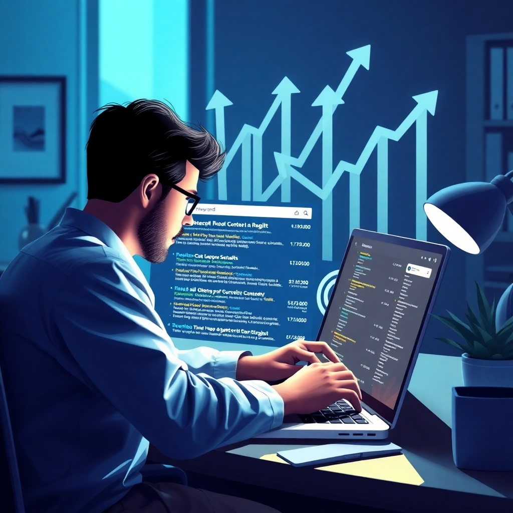 A visually appealing illustration of a person optimizing website content on a laptop, surrounded by search engine results on the screen. Include keywords highlighted, arrows pointing upwards to symbolize growth, and a serene workspace atmosphere.