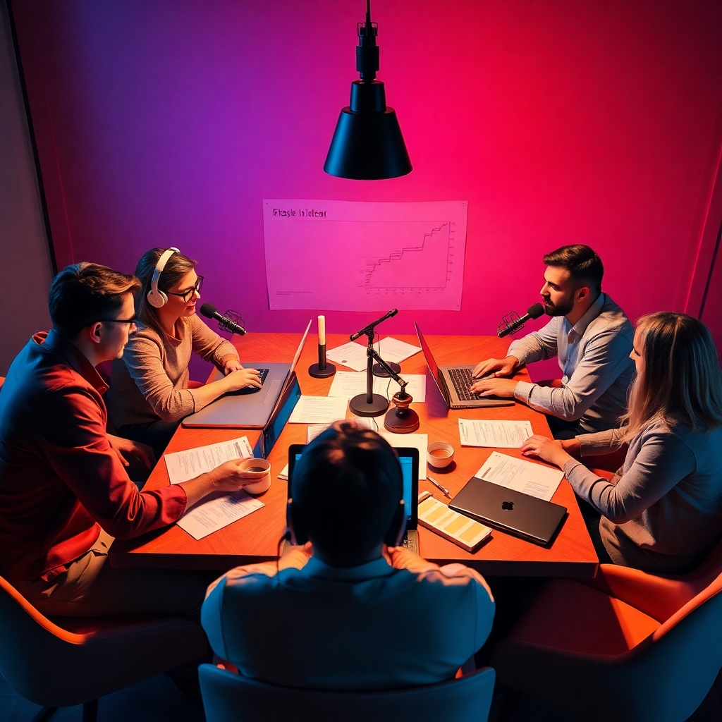 A visually appealing image displaying a strategic planning session with team members discussing their podcast ideas around a table full of papers, laptops, and coffee. Dynamic lighting brings energy to the scene, with colors symbolizing strategy and growth. Technical specs: 4K resolution, high quality.