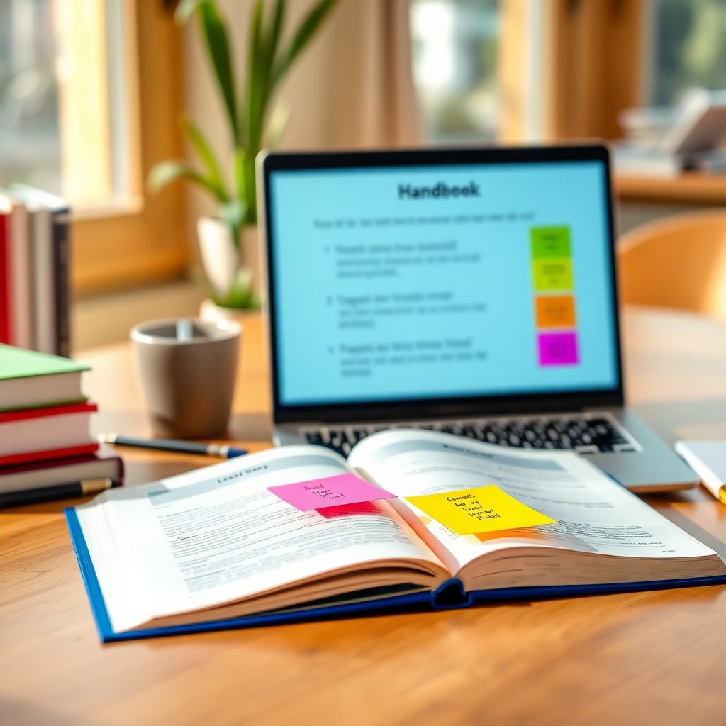 A visually appealing image representing a digital handbook or guidebook open on a desk, with vibrant sticky notes and a laptop displaying the steps of the process. Use natural lighting with a warm color tone to create an inviting and engaging workspace atmosphere, emphasizing the importance of guidance in the learning process.