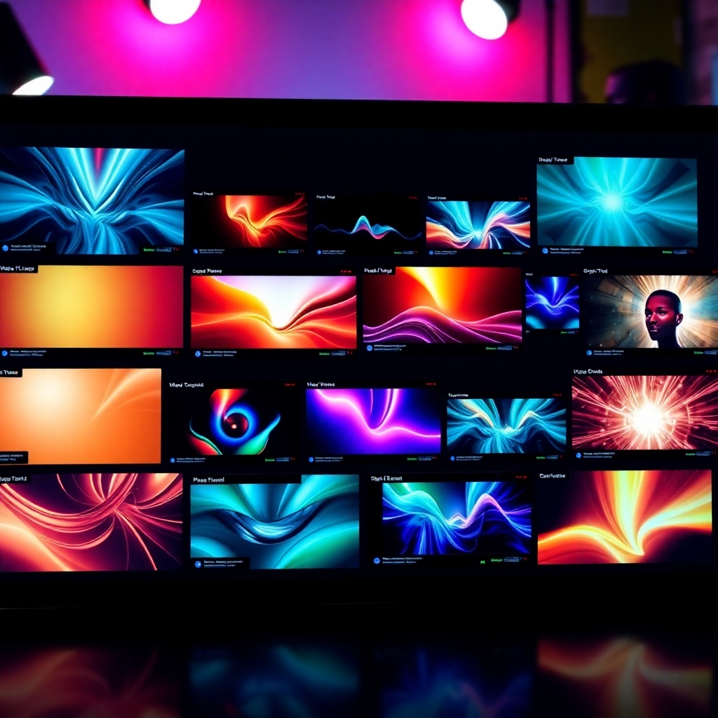 A visually appealing image showcasing a variety of video templates spread out on a digital interface. Bright, inviting colors draw attention to the aesthetic appeal of each template, creating visual interest. The background echoes a creative workspace with engaging lighting, enhancing the potential of each template offered.