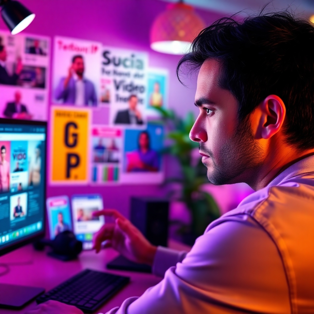 A visually appealing image showing a person adjusting social media channels for video sharing on a computer. The background includes posters of successful video campaigns. Bright and colorful ambient lighting creates an enthusiastic mood. The camera focuses on the person's intent expression, emphasizing engagement. This image should capture the essence of expanding reach through innovative video strategies.