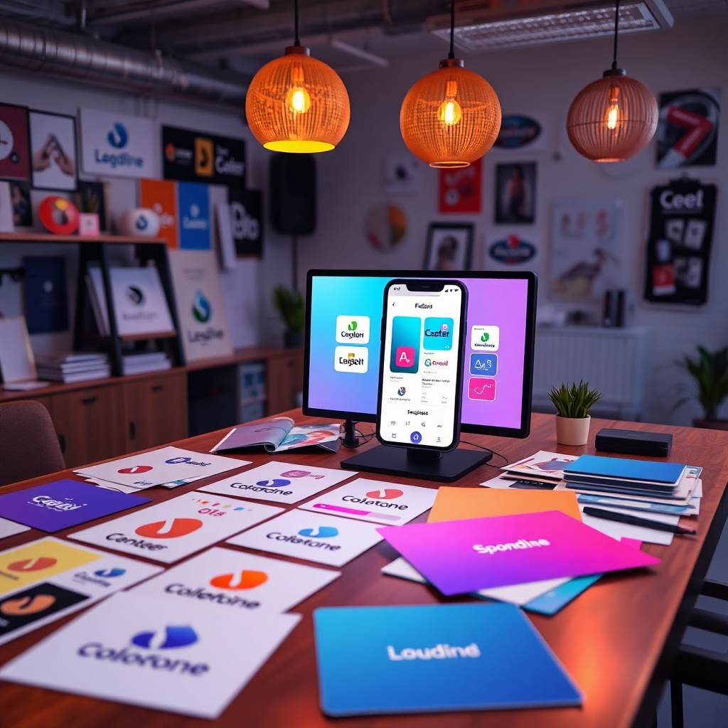 A visually appealing workspace with branding materials, such as logo designs and color palettes, spread across a large table. A digital screen shows an app being customized with branding elements. The environment feels energetic and focused on creativity.