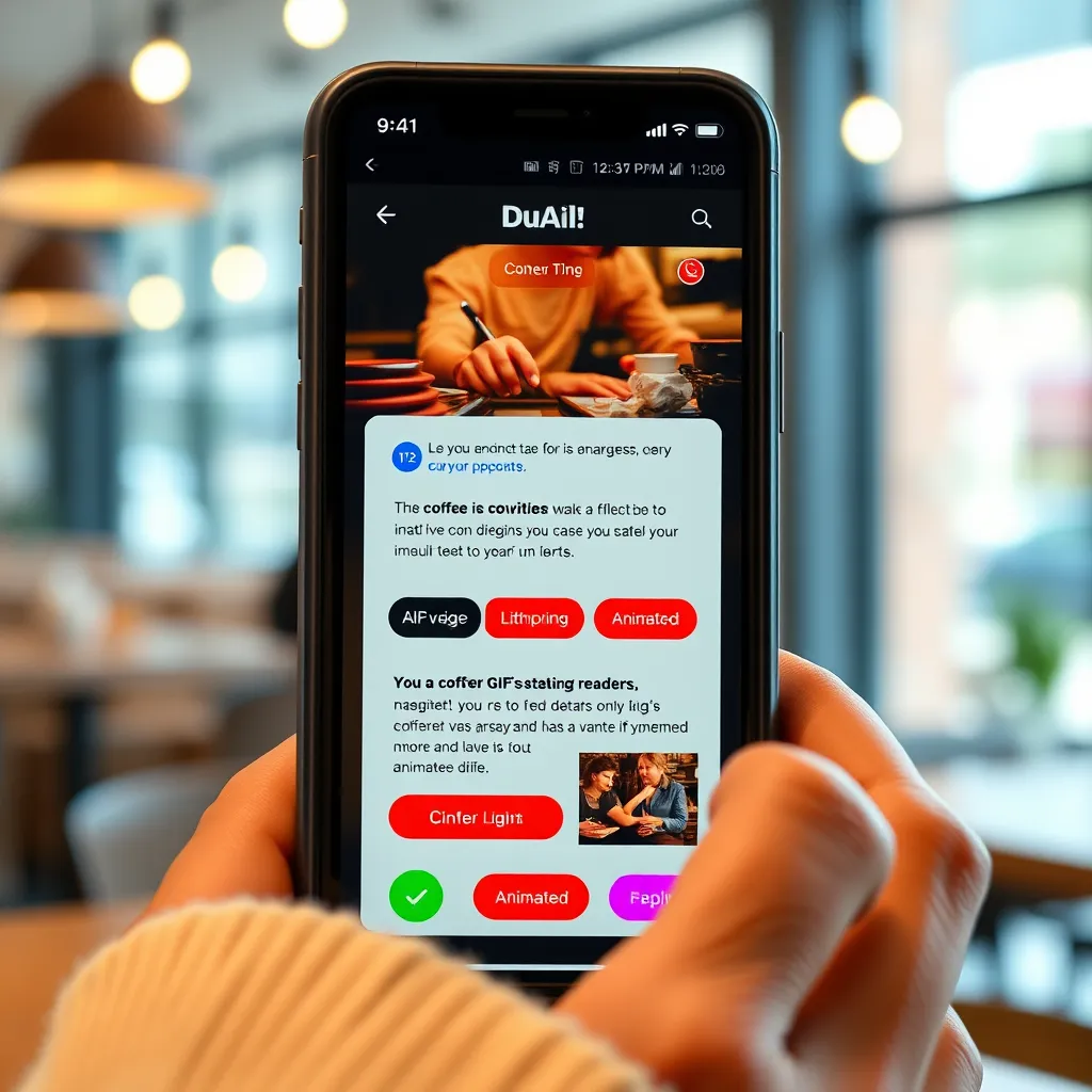 A visually captivating email layout shown on a smartphone screen, showcasing vibrant GIFs, hyperlinks, and animated buttons. The background could be a trendy coffee shop setting, suggesting a casual yet engaged reader actively interacting with the email.