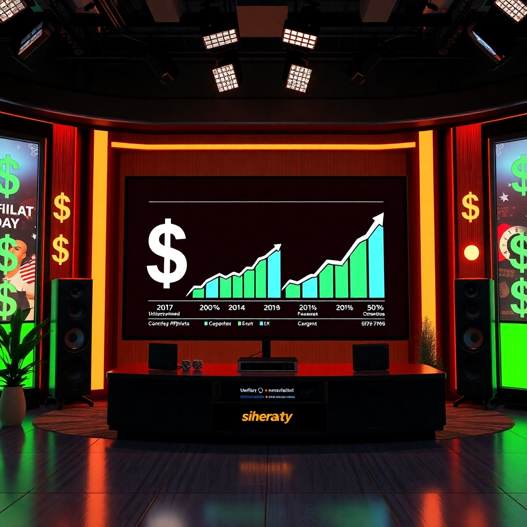 A visually dynamic composition of a TV set with product placements and affiliate links displayed prominently on the screen. Create an atmosphere of success with dollar signs and upward trends in sales data, highlighting the effectiveness of elevated affiliate marketing.