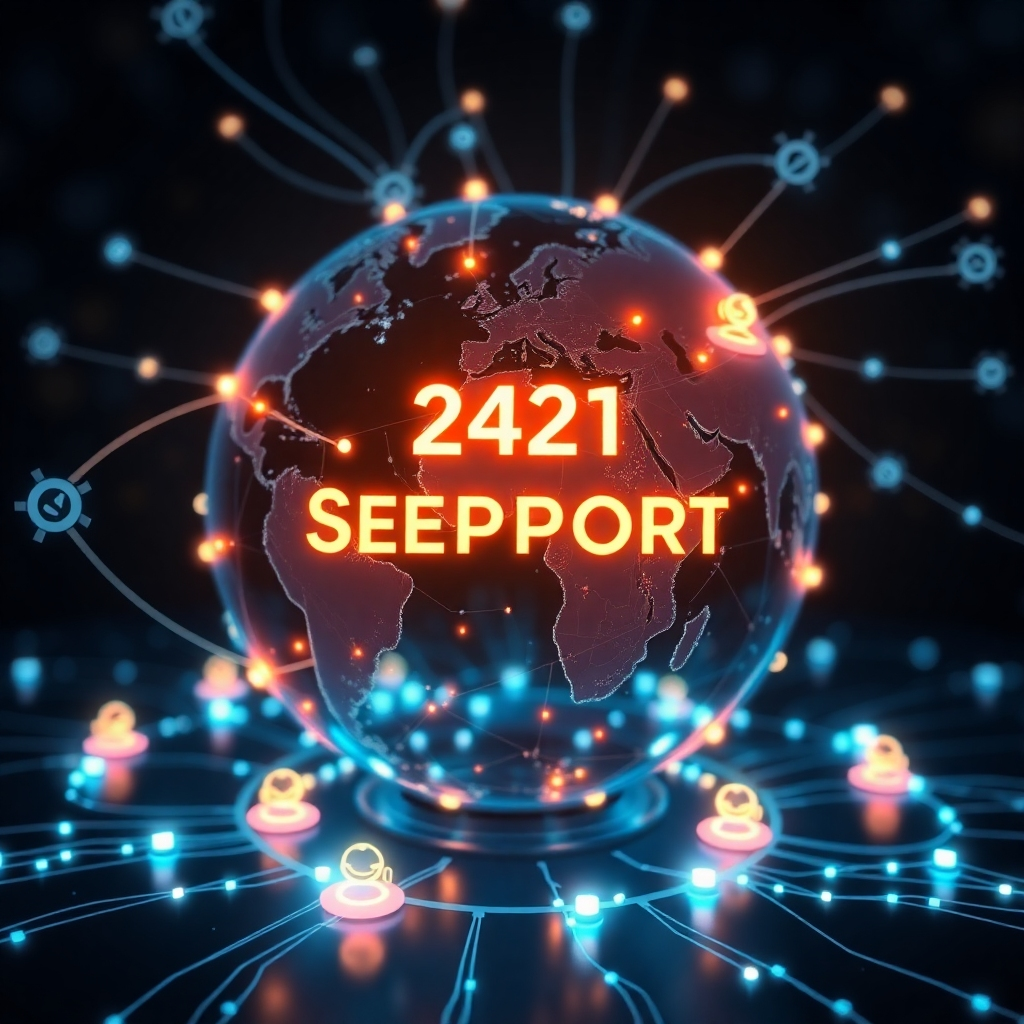 A visually dynamic image showing a globe illuminated with various communication lines, symbolizing 24/7 support availability, with AI bots symbolized by glowing icons working tirelessly to assist customers across different time zones.