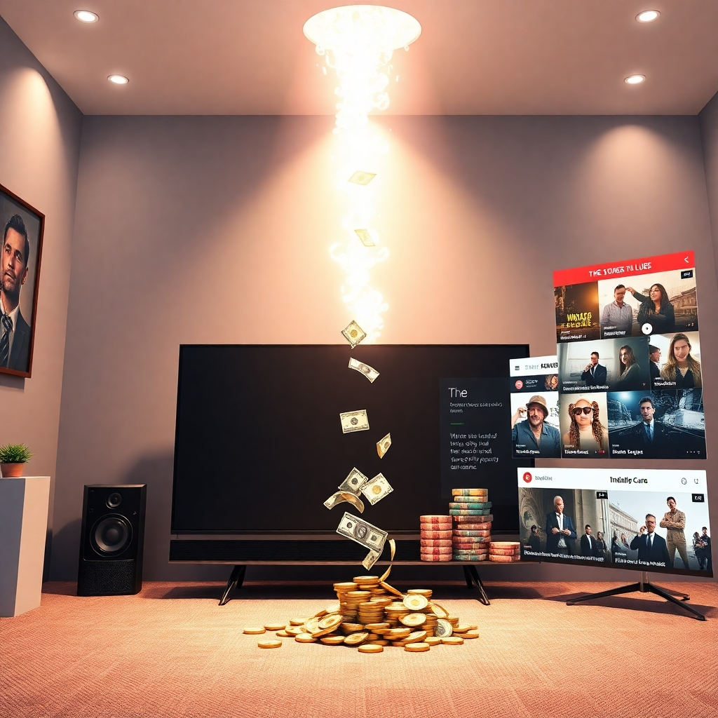 A visually engaging graphic showing a flow of money being generated from a TV channel, with various affiliate links and offers popping up on the side, alongside engaging content thumbnails, depicting success in monetization.
