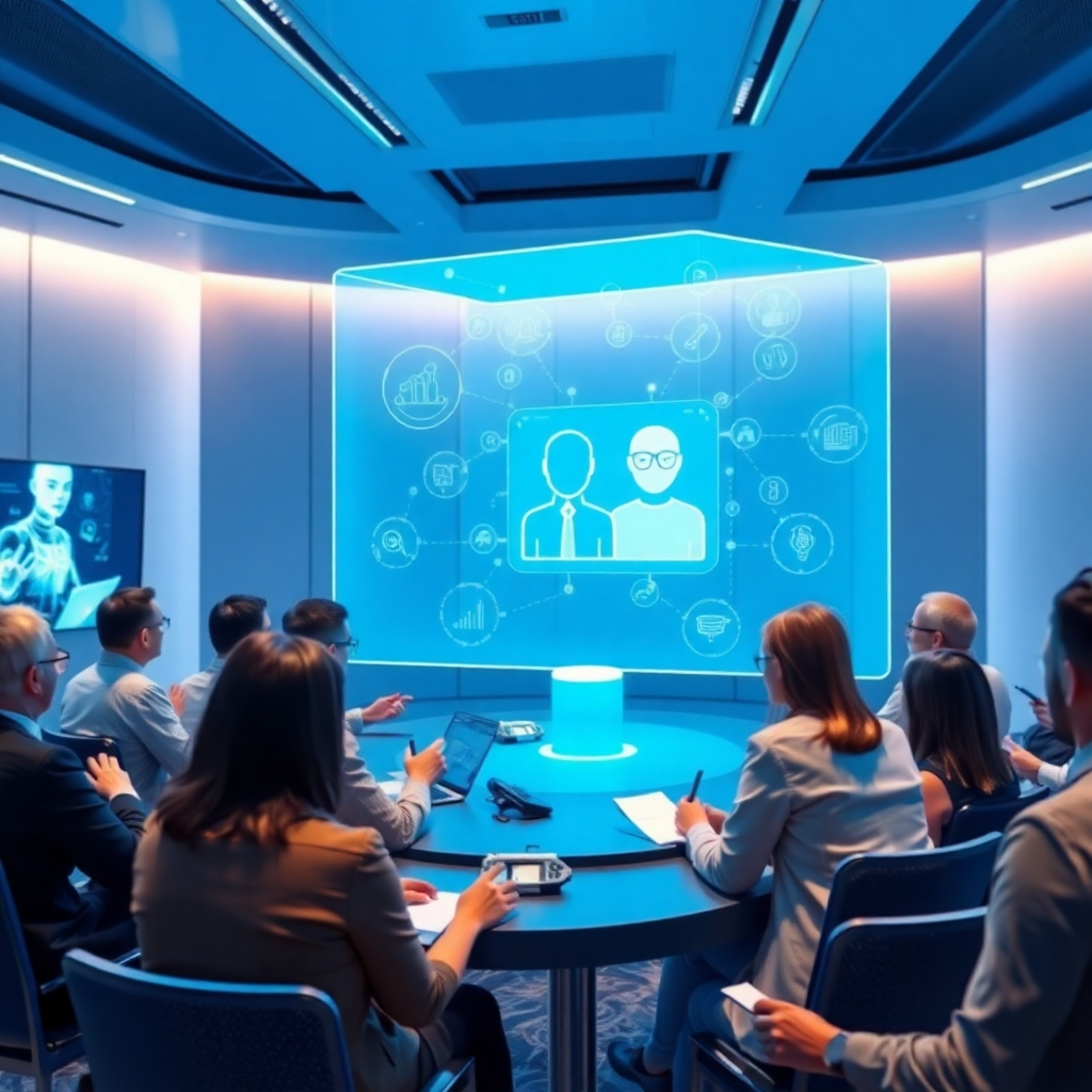 A visually engaging image depicting a lively seminar where participants are interacting with a holographic AI assistant. The setting features sleek, modern technology in use, with attendees actively engaged and taking notes. The color scheme should include blues and whites, evoking a sense of innovation and collaboration, made in a high-quality format of 4K.