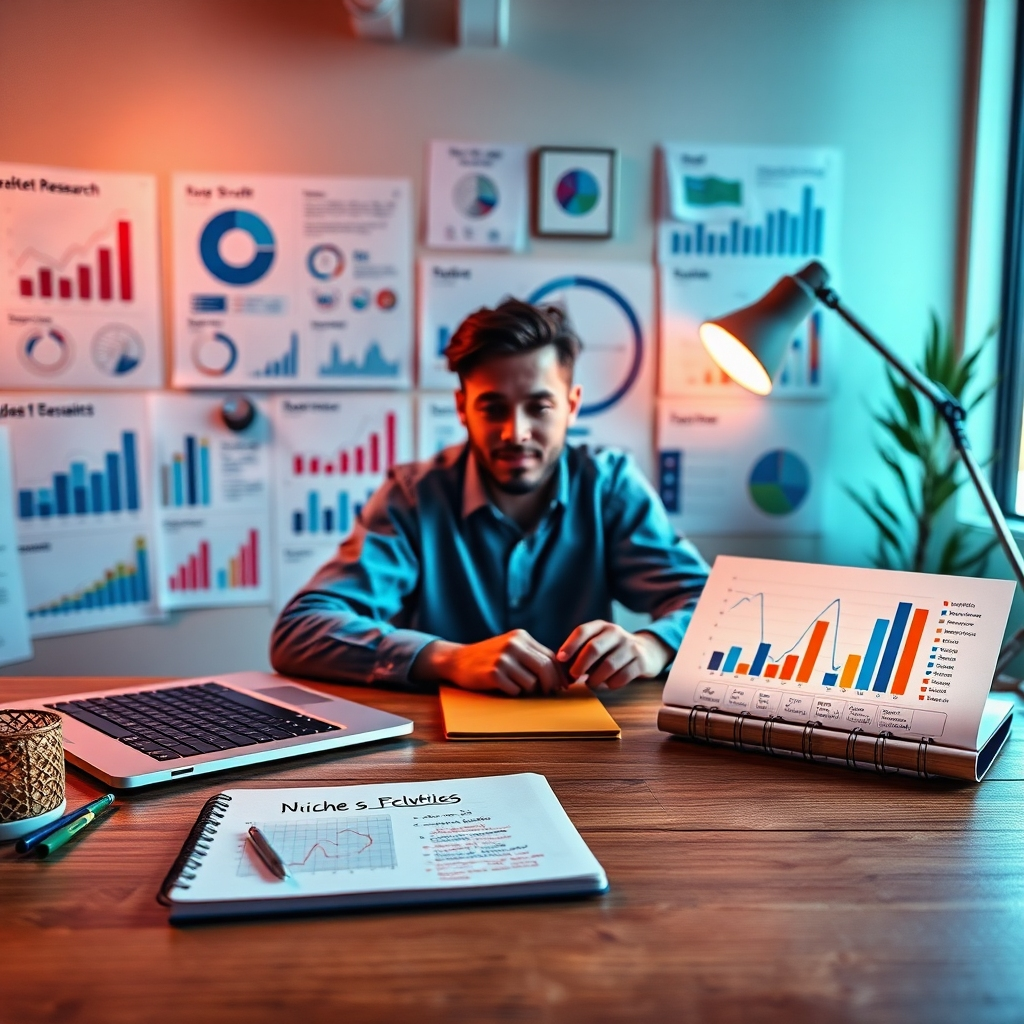 A visually engaging workspace featuring a person at a desk surrounded by market research charts, a laptop displaying trending graphs, and a notepad filled with scribbled niche ideas. The ambiance should be bright and motivational, symbolizing the beginning of an entrepreneurial journey.