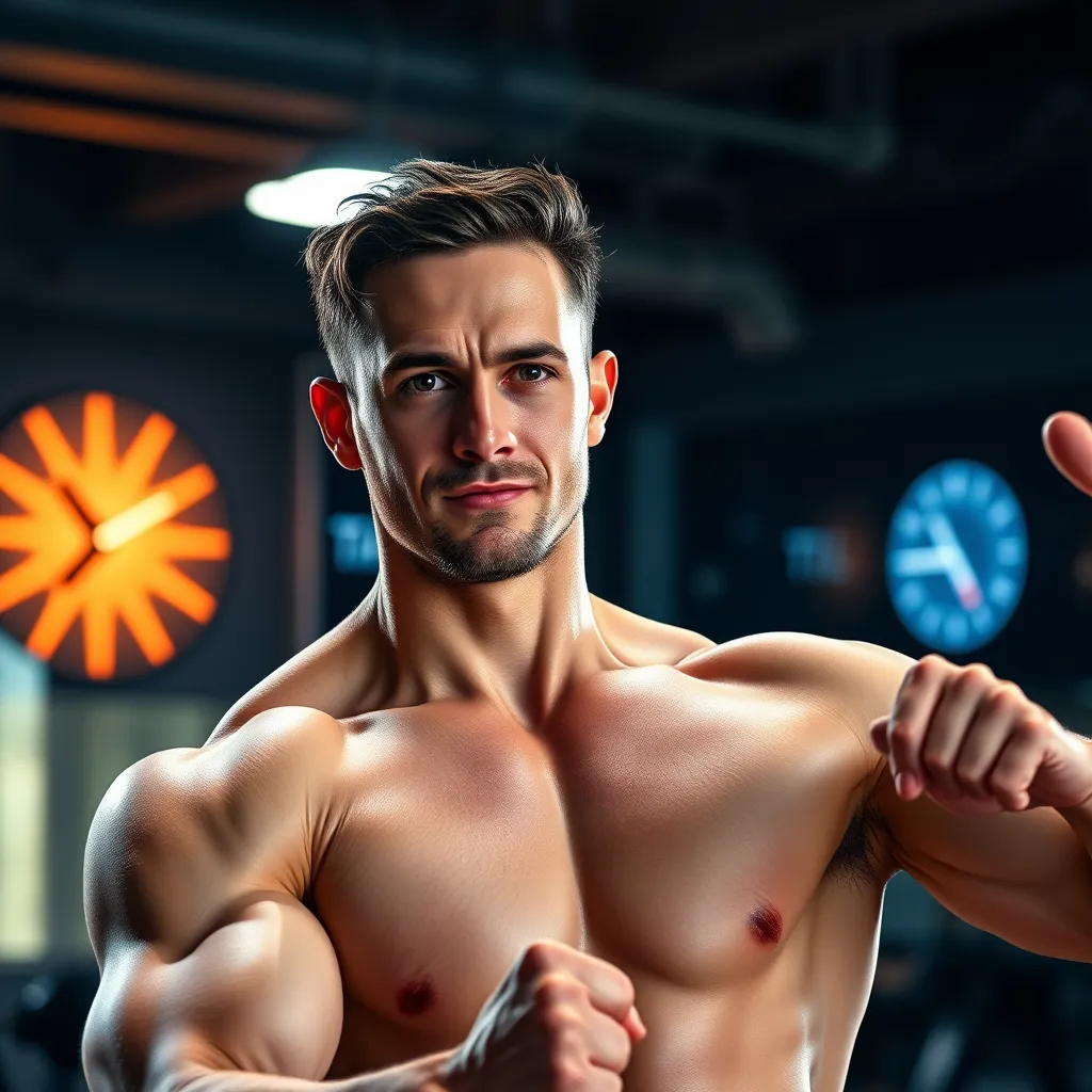 A visually fit individual performing high-intensity interval training (HIIT) exercises in a well-lit gym. The background shows a clock indicating effective fat-burning time. The person has a confident and focused expression, surrounded by visual cues of dynamic energy and fat burning.