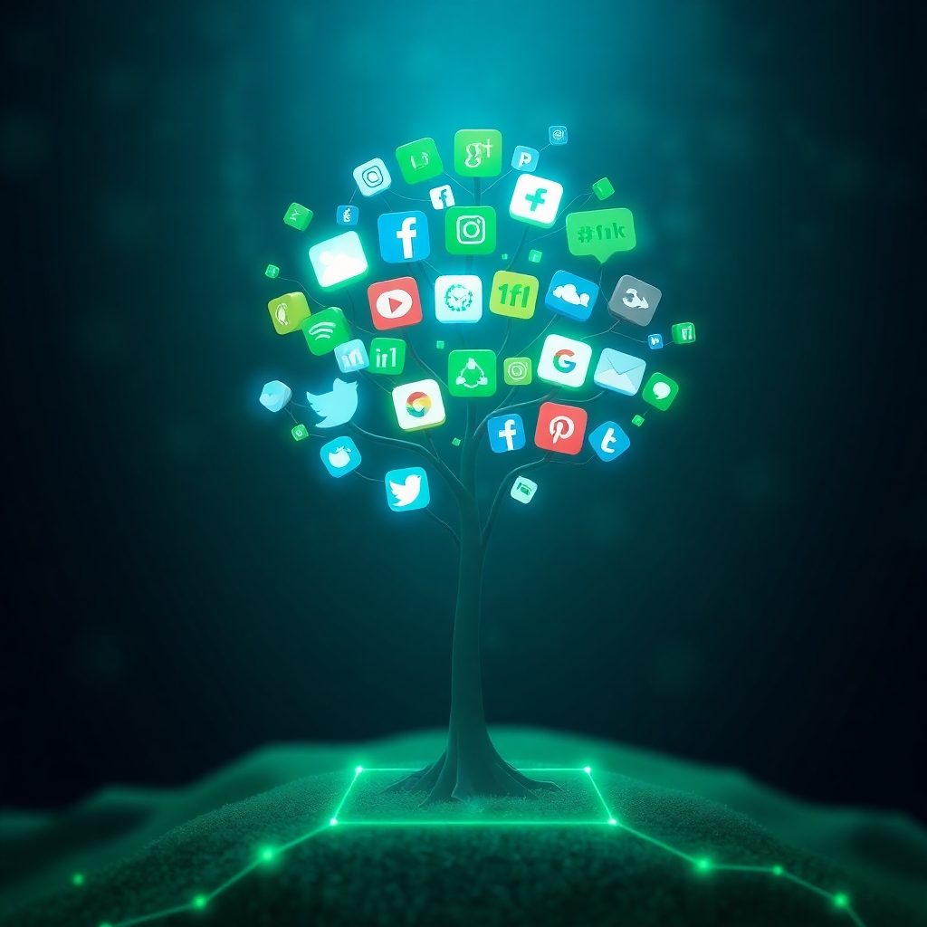 A visually powerful representation of digital growth, showing a tree made of various icons representing traffic and social media platforms. The tree is thriving in a digital landscape, symbolizing growth and sustainability. Subtle lighting effects highlight the vibrancy of each icon, with a mix of greens and blues to invoke a sense of health and prosperity. This visual metaphor captures the enduring success that Articalize APP aims to achieve.
