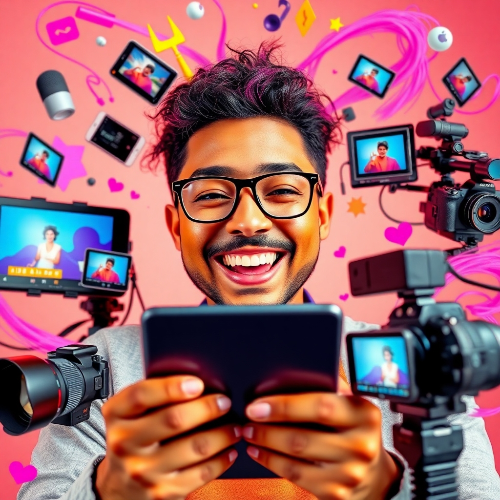 A visually striking concept showing a creative individual surrounded by vibrant, animated video elements. The composition highlights various multimedia tools like tablets and cameras, with elements representing different video styles swirling around. Bright colors such as pinks, purples, and yellows dominate the scene, illustrating a burst of creativity. The camera angle is close-up, capturing the individual's joyful expression as they interact with the tools. The image should be photorealistic, creating a high-energy atmosphere focused on creativity.