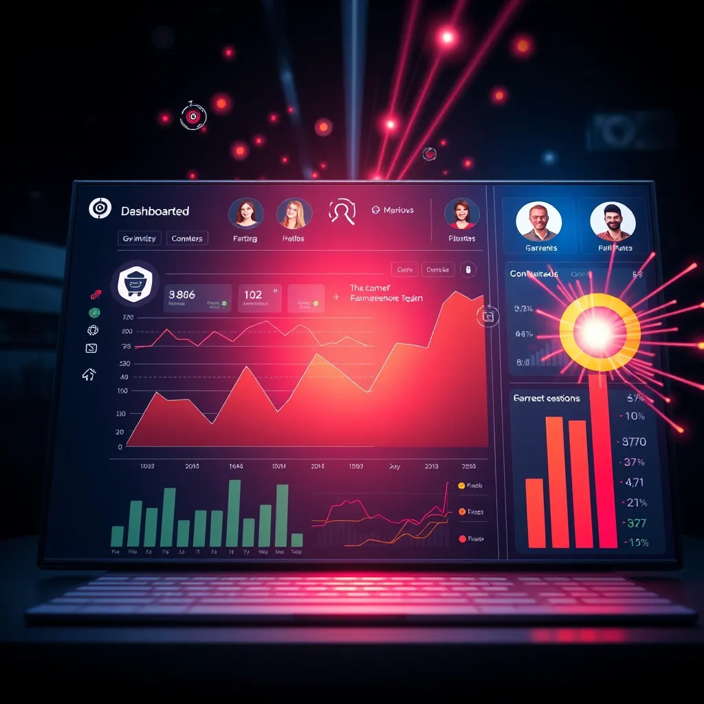 A visually striking illustration of a digital interface displaying a dashboard with graphs and data analytics showing real-time lead generation. Include elements like target icons, diverse customer avatars, and bursts of light to signify instant growth.