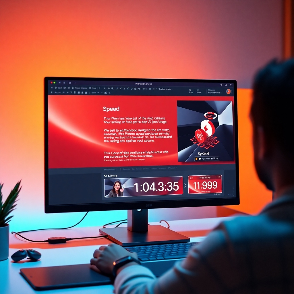 A visually striking image depicting a digital workspace where a user is effortlessly converting text into a video course, featuring a modern computer screen, engaging graphics, and a timer showing a quick countdown to emphasize speed.