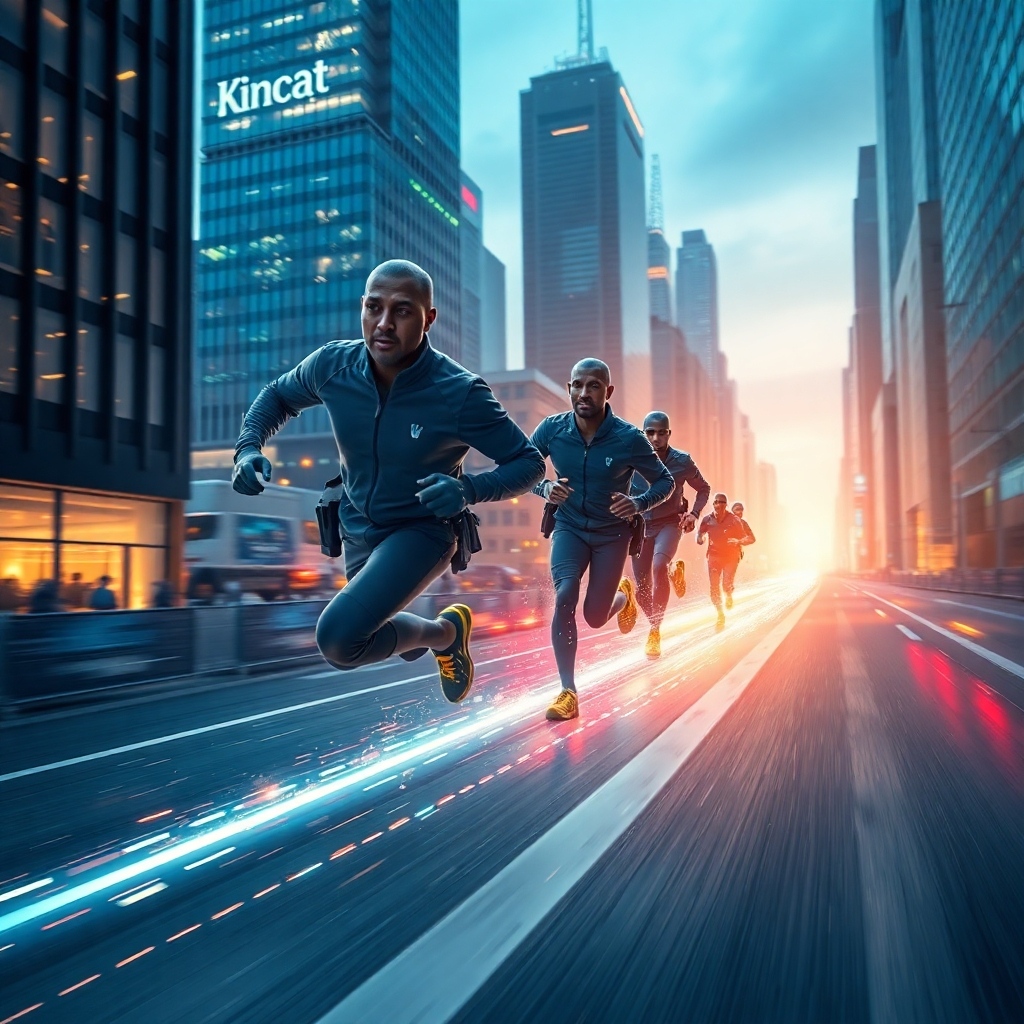 A visually striking image depicting a metaphorical race between two teams, one representing traditional workflow and the other embodying AI automation. The AI team is depicted moving swiftly with digital effect trails and glowing tools. The environment should resemble a futuristic city with skyscrapers and busy streets, showcasing a competitive landscape. Lighting should enhance urgency. Technical specifications: clear, high definition.