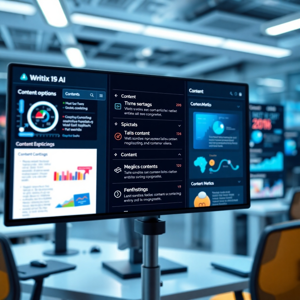 A visually striking image highlighting the interface of Writix AI showing various content options. The backdrop features a futuristic office with digital displays showcasing content metrics. Bright lighting enhances clarity, creating an efficient atmosphere. The camera angle highlights the precision of the interface with detailed textures on digital screen elements, representing the innovative aspect of AI content generation.