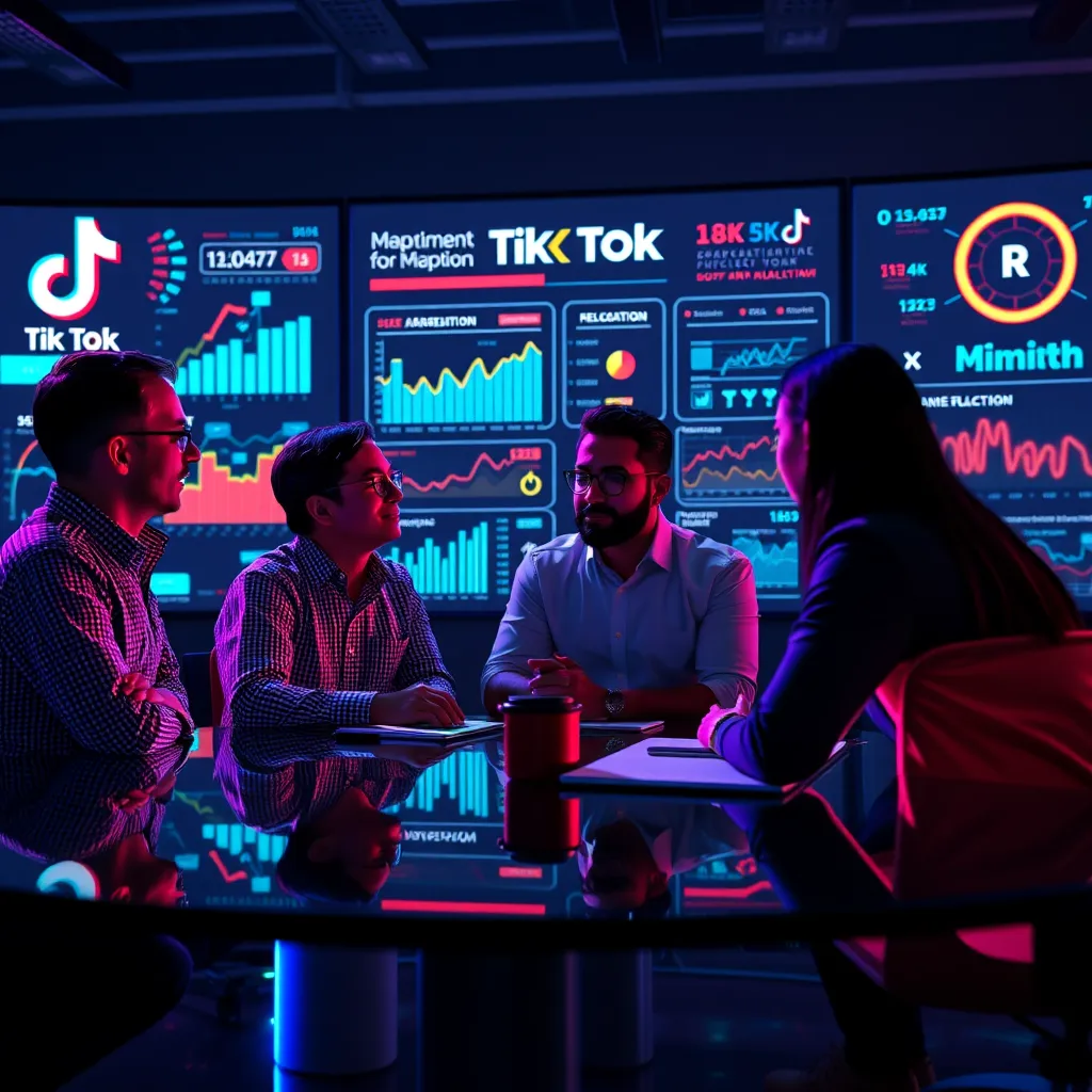 A visually striking representation of TikTok's algorithm in action, featuring vibrant graphics showing user engagement metrics and analytics. Include a marketing team discussing strategies, with TikTok logos and a dynamic backdrop illustrating viral video trends.