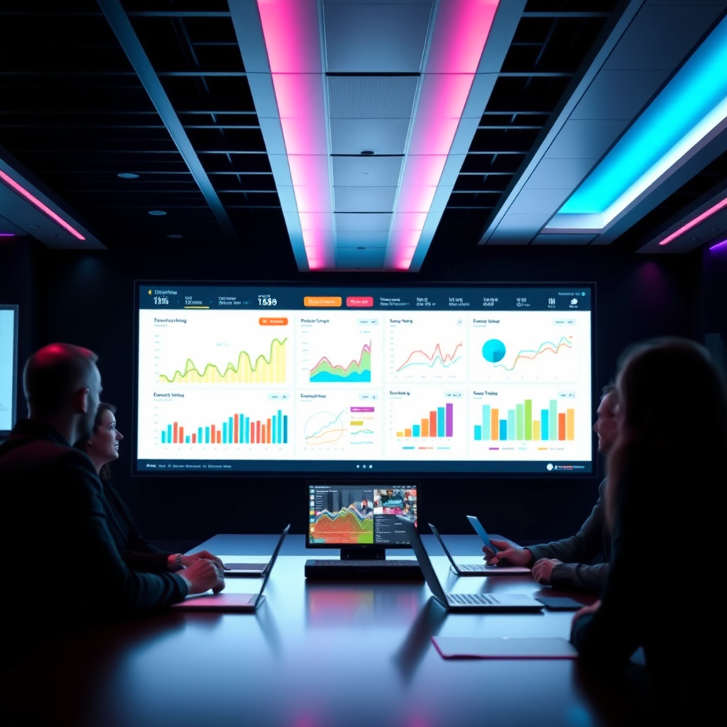 A visually striking representation of data analytics on a large screen, with vibrant charts and graphs being analyzed by a focused team. The environment should have a modern tech vibe, with color highlights reflecting data-driven themes. The camera angle should highlight the screen interactions and the teamwork dynamic. Style reference: High-tech boardroom.