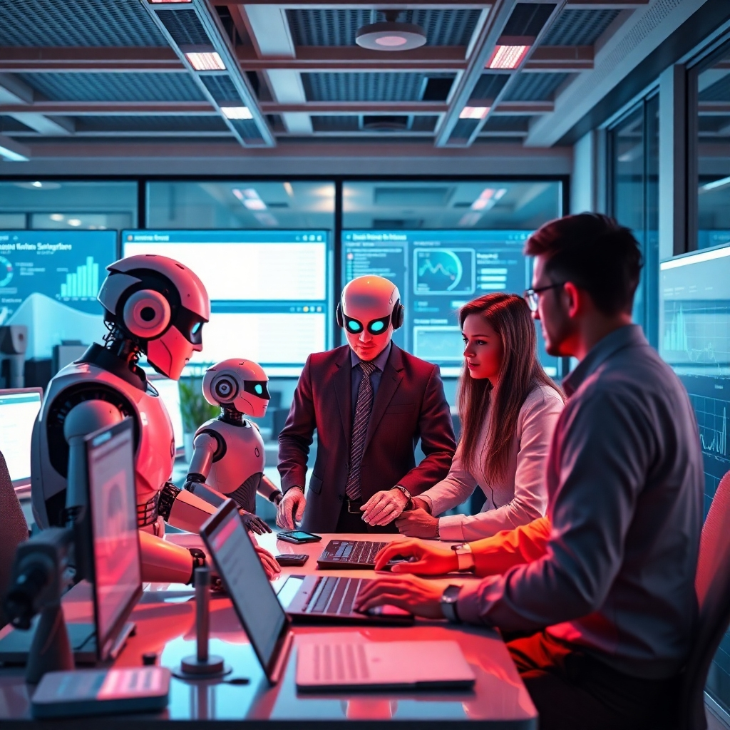 A visually striking scene showing a marketing team in a modern office leveraging automation tools. Robots and AI devices are actively managing tasks, while team members discuss strategies together, with screens showing automated workflows and progress tracking.