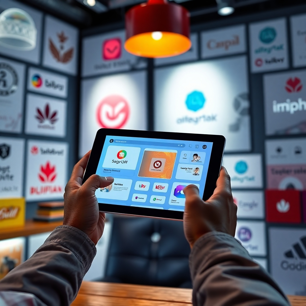 A visually striking scene showcasing a person reviewing a beautifully designed app interface on a tablet, surrounded by branding elements like logos and marketing materials. The ambiance reflects creativity and business acumen, highlighting the ease of branding and monetization.