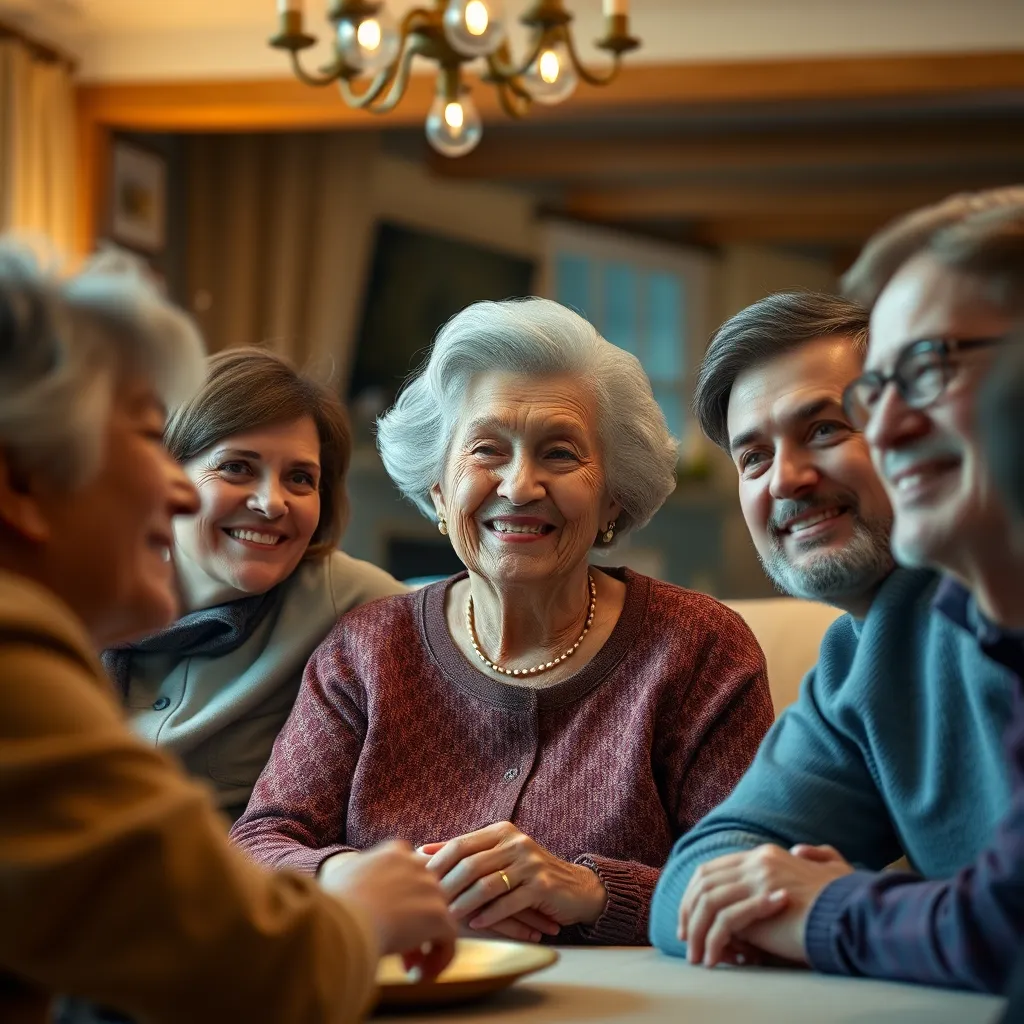 A warm, photorealistic family gathering scene where a smiling grandmother's photo is animated, appearing to speak while surrounded by family members, with soft lighting and a cozy living room background, capturing the joy and connection of reliving memories.