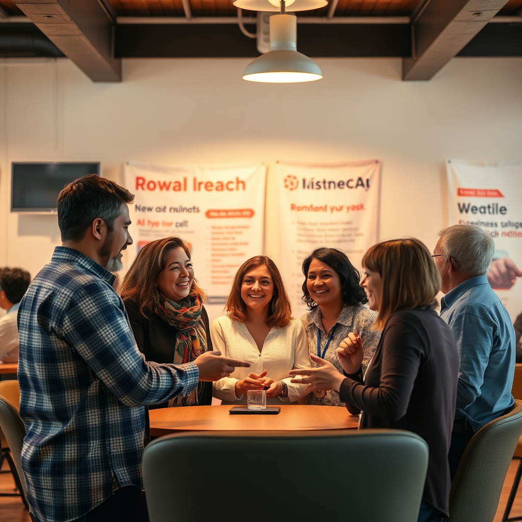 A warm and inviting image depicting a group of local business owners networking in a community center, discussing AI tools. The lighting is soft, creating an intimate atmosphere, and the composition shows their camaraderie. The background showcases banners of local branding and outreach initiatives. Styles should encourage inclusivity, focusing on joyful interactions and a sense of collaboration. The texture details should enhance the friendliness of the environment, and the image must be high resolution for clarity.