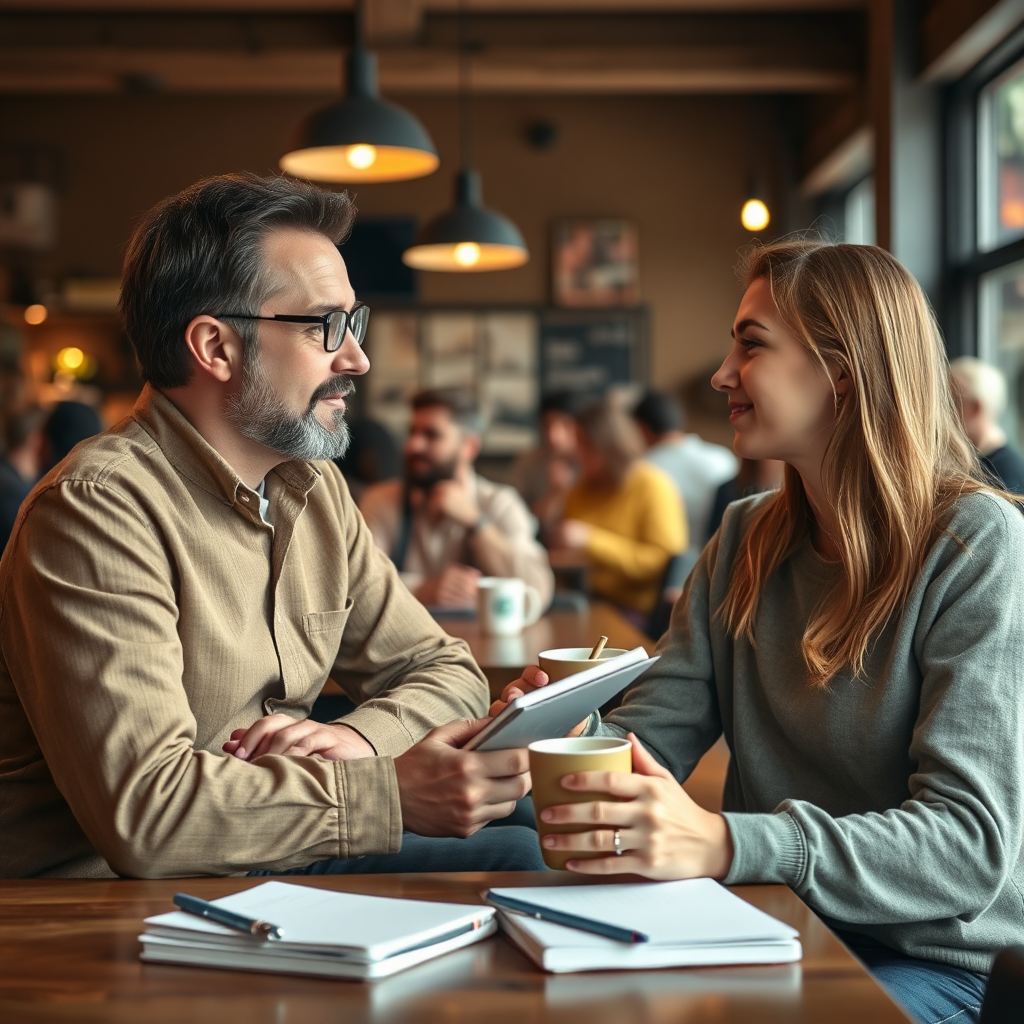 A warm image of a mentor discussing strategies with a young entrepreneur in a coffee shop. The cozy environment features soft lighting, wooden textures, and a background of bustling patrons. The color scheme is inviting, with browns, greens, and soft yellows. Close-up shots of notebooks and coffee cups add a personal touch. This image should be intimate and inspiring, demonstrating the depth of mentorship, rendered in high quality.