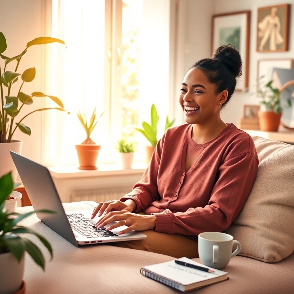 A warm, inviting image depicting a novice video creator successfully using AI tools on a laptop. The bright, cozy workspace features houseplants and art, with sunlight streaming in. The color palette is soothing with pastel tones. The textures convey comfort and warmth, as the user’s expression shows joy and surprise at the ease of use. Props like notebooks and coffee cups enhance the creative atmosphere.