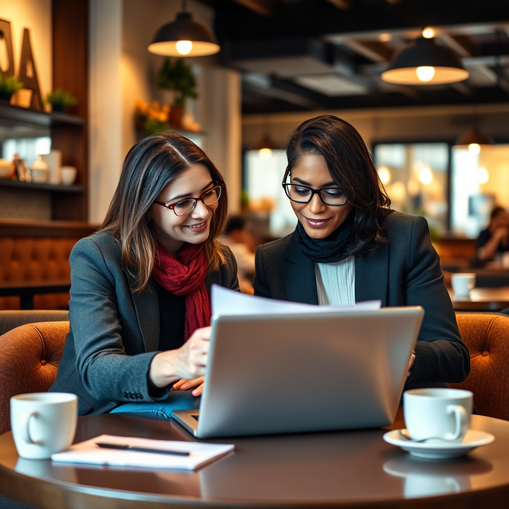 A warm, inviting image of a mentor and mentee meeting in a cozy café setting, working through a business plan on a laptop. Soft lighting enhances the atmosphere, while the cafe's decor reflects a blend of comfort and professionalism. The camera should capture the engagement between the two figures, highlighting the collaborative spirit. Style reference: Intimate learning environment.