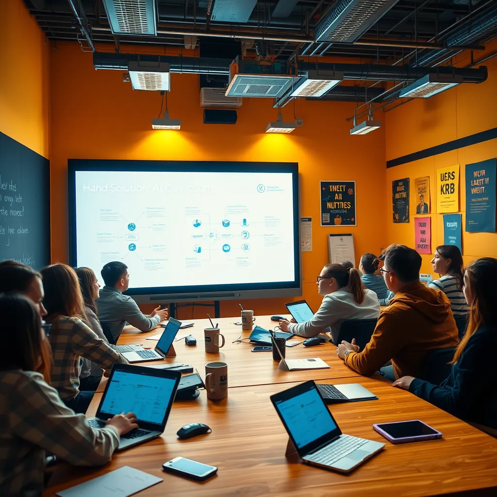 A well-lit training room filled with employees engaged in a hands-on workshop with an AI-focused curriculum. Dramatic side lighting emphasizes faces as they interact with a large screen displaying AI solutions. The color palette utilizes warm yellows and oranges to invoke creativity and enthusiasm. The shot is taken from a slightly elevated angle to capture the entire room dynamic. Textures of chalkboard, wooden tables, and digital devices create a lively, interactive environment, with elements like flip charts and connection aids scattered around. The background shows motivational posters related to AI innovation, creating an inspiring atmosphere. The image is hyperrealistic, with ultra-detailed features in 8K resolution.