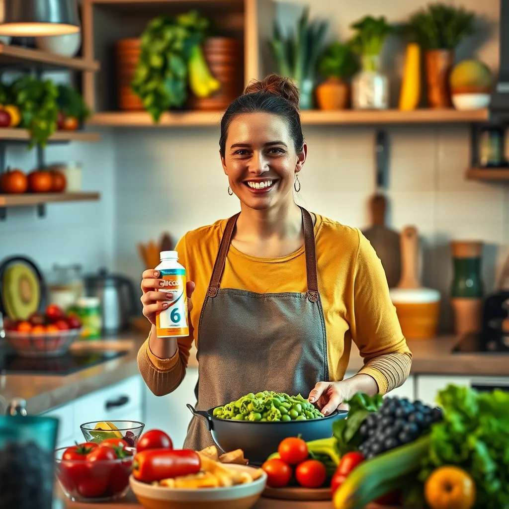 A well-organized kitchen with healthy foods and fresh fruits displayed. Include a happy person preparing a colorful meal while holding a bottle of Gluco6, showcasing the connection between healthy choices, weight management, and overall well-being.