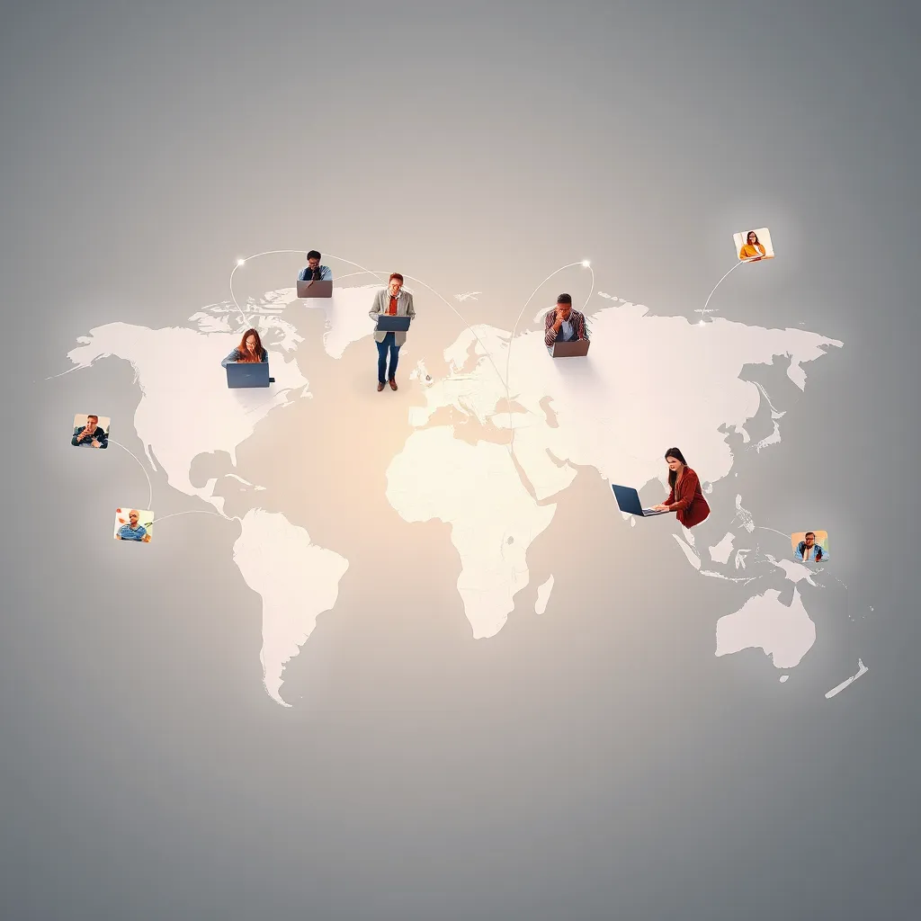 A world map with interconnected virtual teams represented by different professionals collaborating remotely. Highlight various cultures and backgrounds, featuring digital devices like laptops and tablets, showcasing the advantages of diverse global talent.