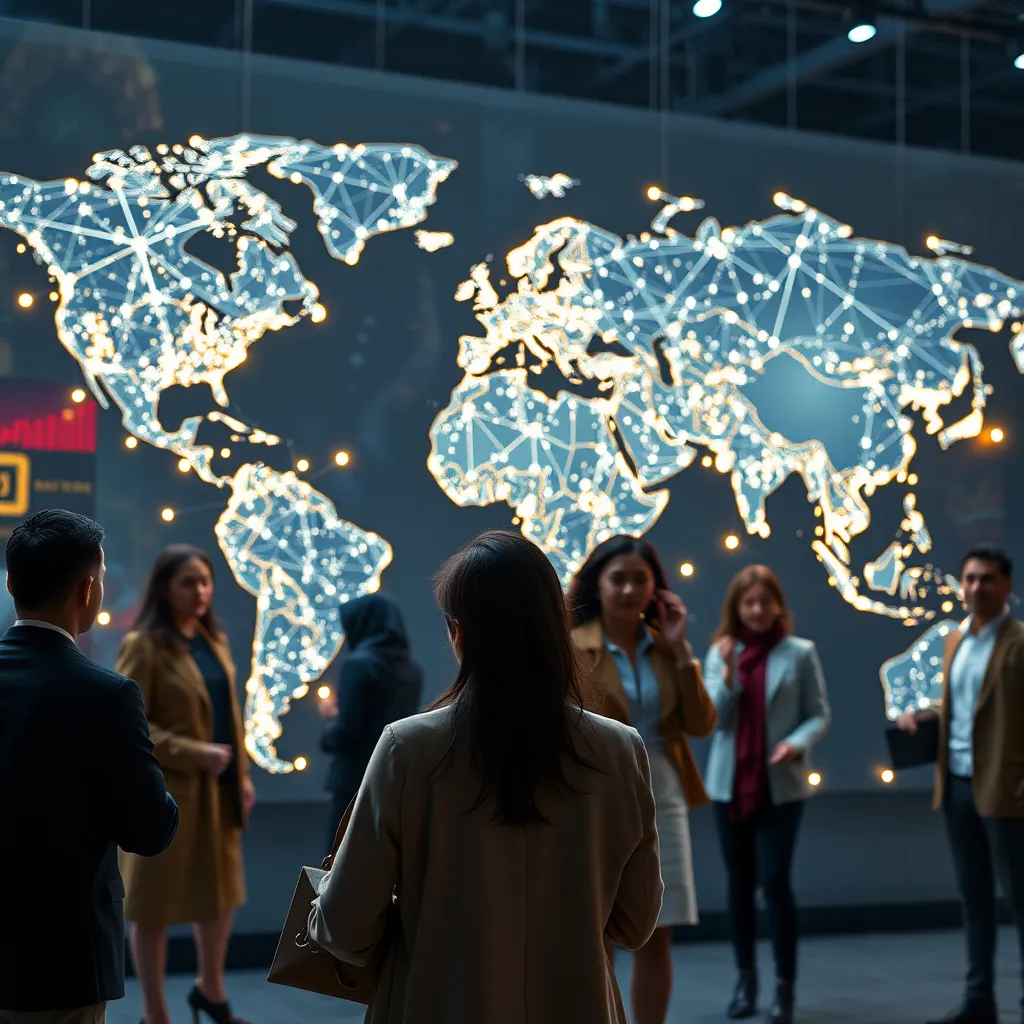 A world map with light connections illustrating a global network of professionals. In the foreground, employee avatars from various cultural backgrounds are shown engaging in a virtual collaboration, emphasizing diversity and global reach in a tech-inspired environment.
